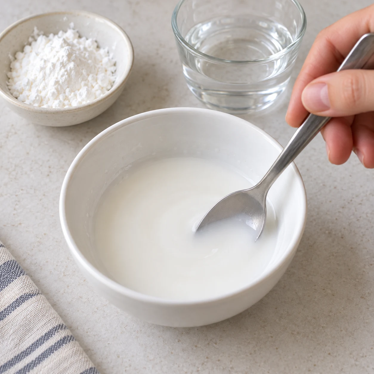 Une cuillère tenue par une main anonyme délaie uniquement 14 g de fécule et 42 ml d’eau froide dans un petit bol blanc ; liquide blanc sans grumeaux, aucun œuf.