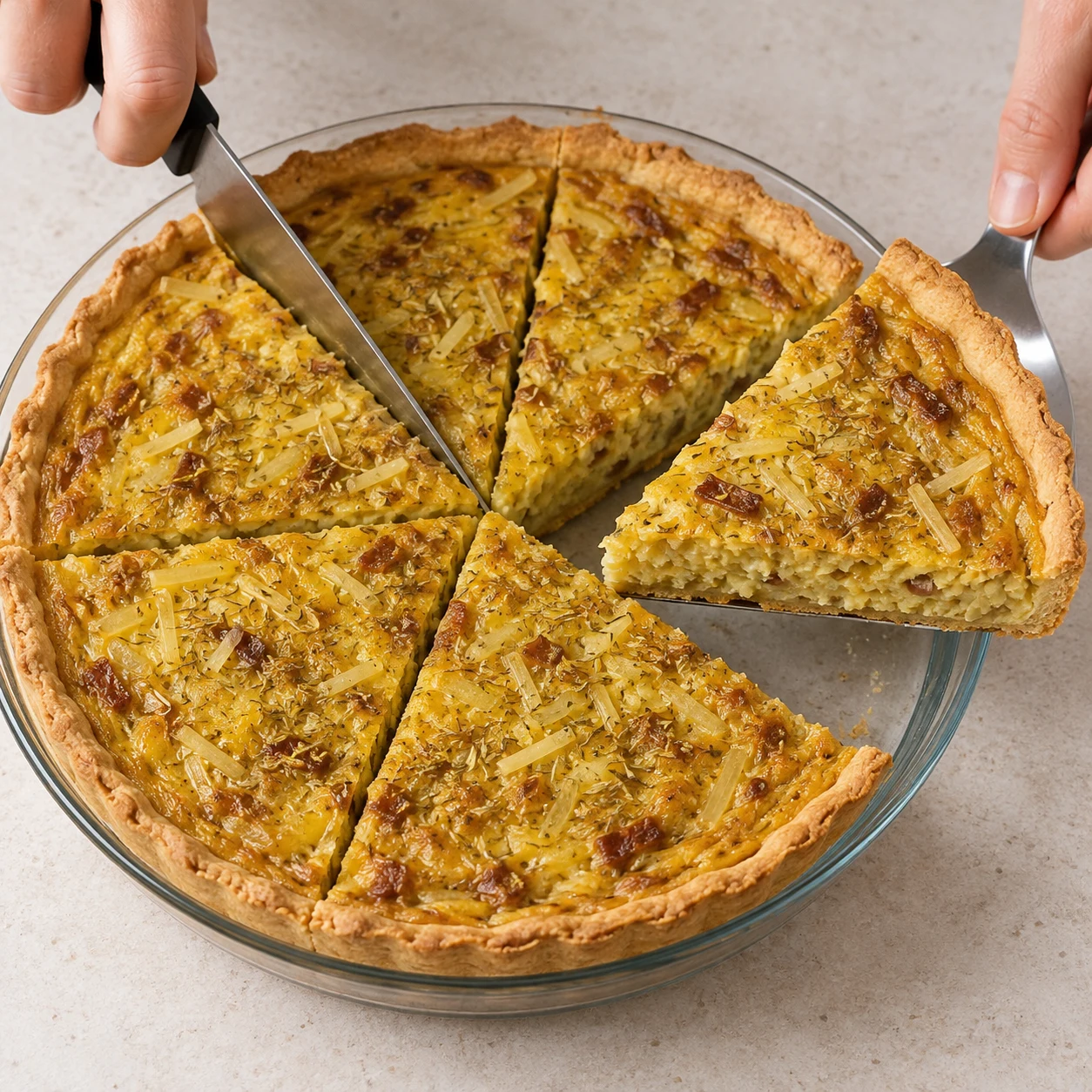 Une seule scène montrant découper et servir, uniquement les ingrédients de cette phase. Six portions de quiche peuvent être servies.