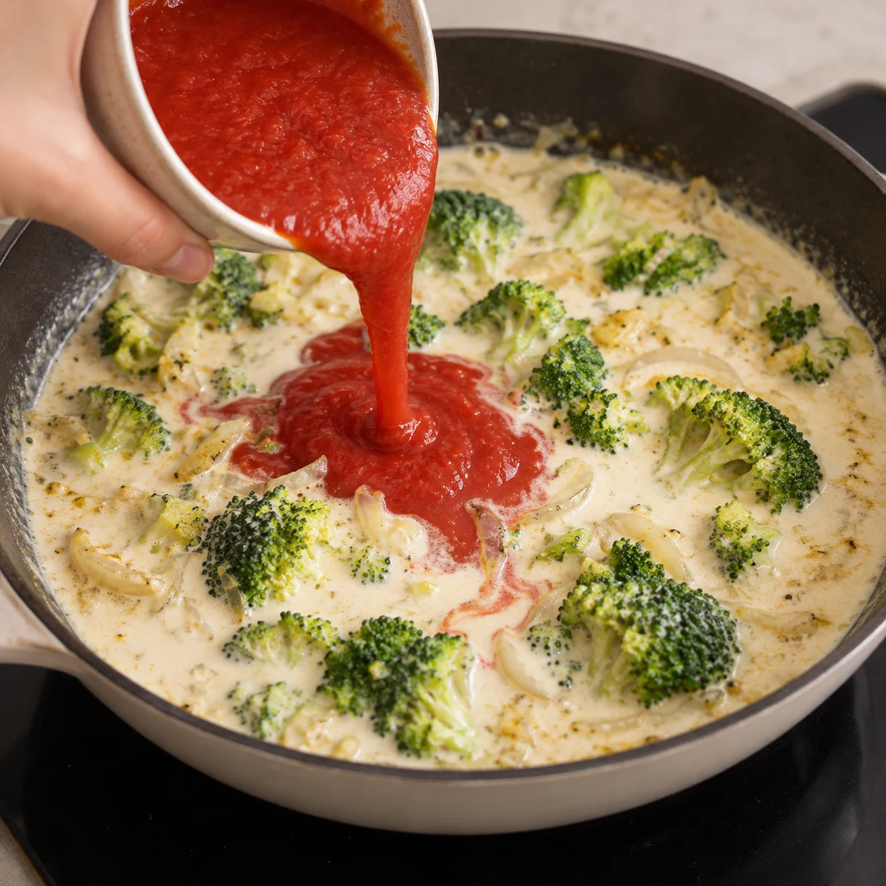Ajout de coulis rouge dans la sauce coco encore claire, sans beurre de cacahuète ni pois chiches.