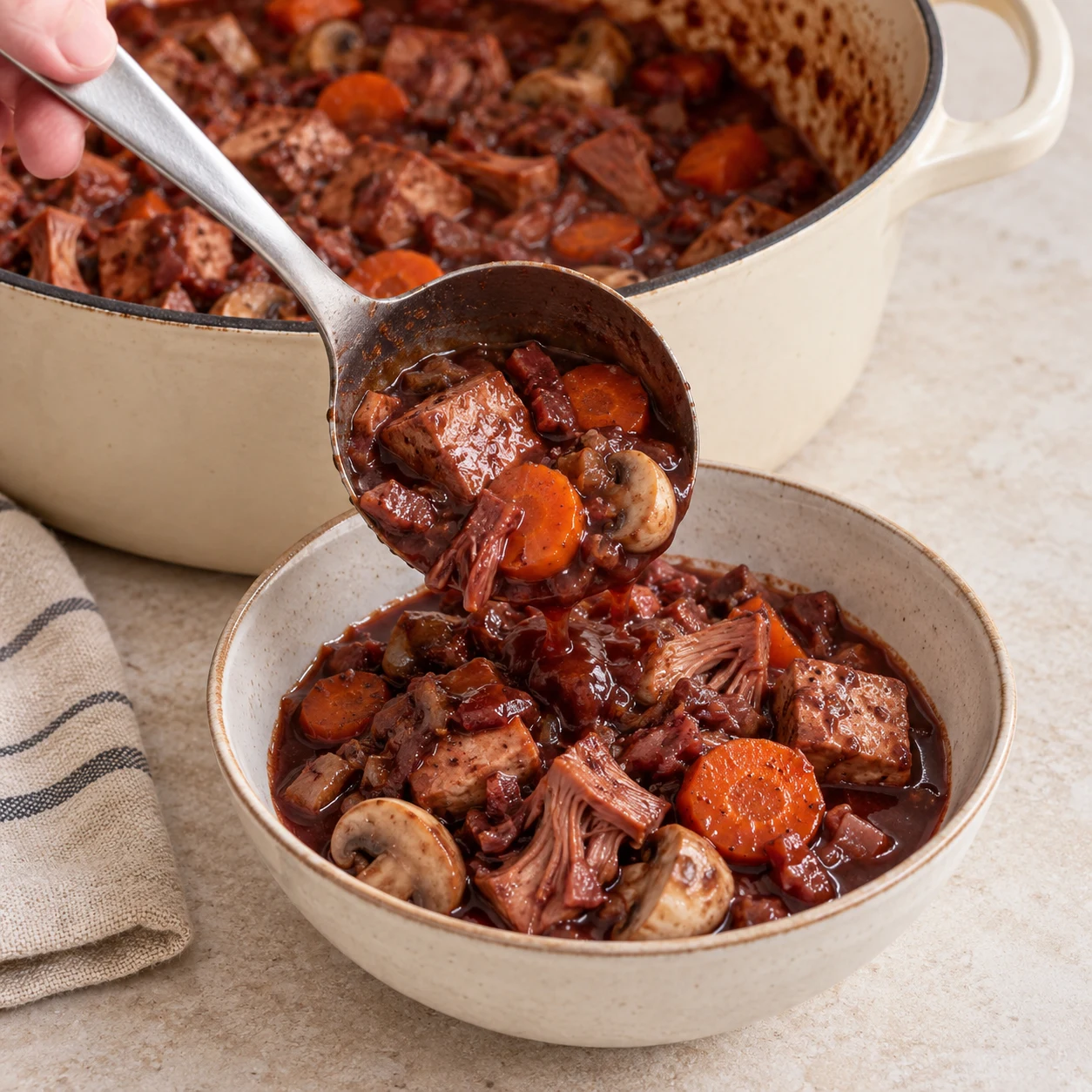 Sers le bourguignon au tofu et au jacquier. Montrer seulement les ingrédients présents à cette étape, fidèles à la capture source, dans un cadre de livre de cuisine neutre sans visage, texte ni marque. Adaptation validée : représenter des champignons de Paris blancs et une boule à épices contenant les herbes de Provence, uniquement lorsqu’ils sont présents dans cette étape.