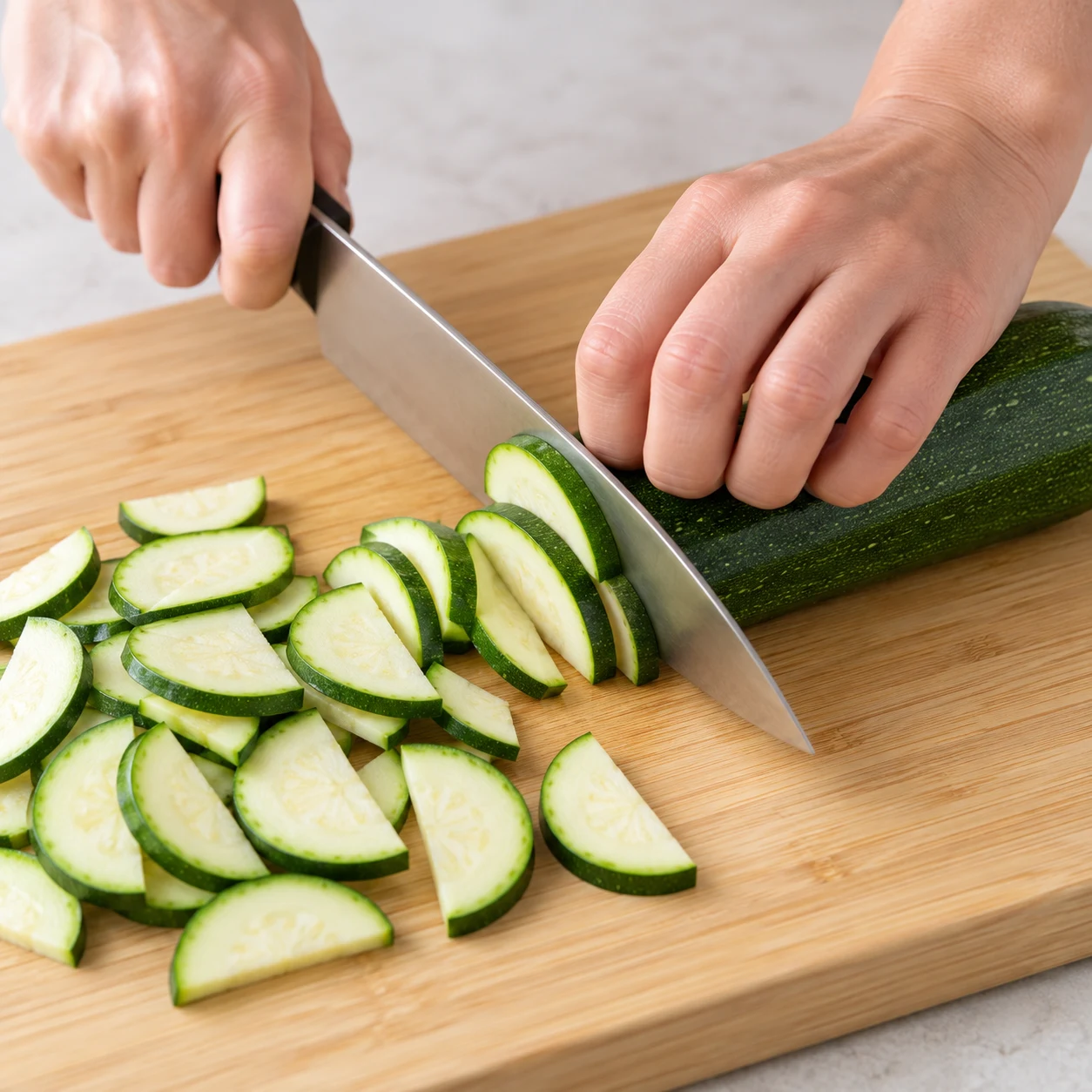 Une photographie carrée réaliste de « Couper la courgette ». Les demi-rondelles ont une épaisseur régulière et gardent leur peau verte. Seulement les ingrédients autorisés à cette étape. Mains adultes anonymes si le geste l’exige, aucune personne identifiable ni texte.