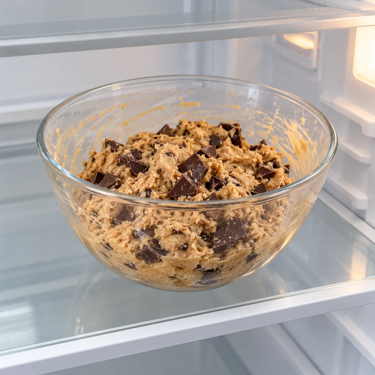 Saladier de pâte à cookies crue avec morceaux de chocolat, prêt à être mis au réfrigérateur.