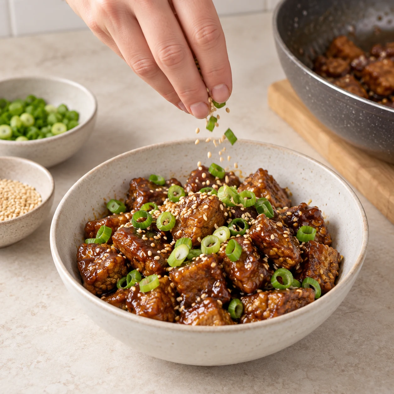 Parsemez les bouchées servies de sésame et de vert d’oignon nouveau réservés. La protéine est un steak de pois à texture hachée dense, brun rosé avant cuisson, brun doré après cuisson, en morceaux irréguliers de l’épaisseur d’un steak ; jamais du tofu blanc.