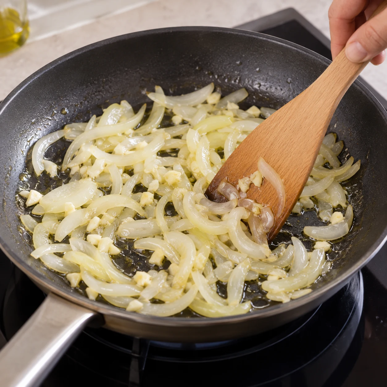 Spatule remuant les lamelles oignon et ail dans un filet huile en poêle à feu moyen.