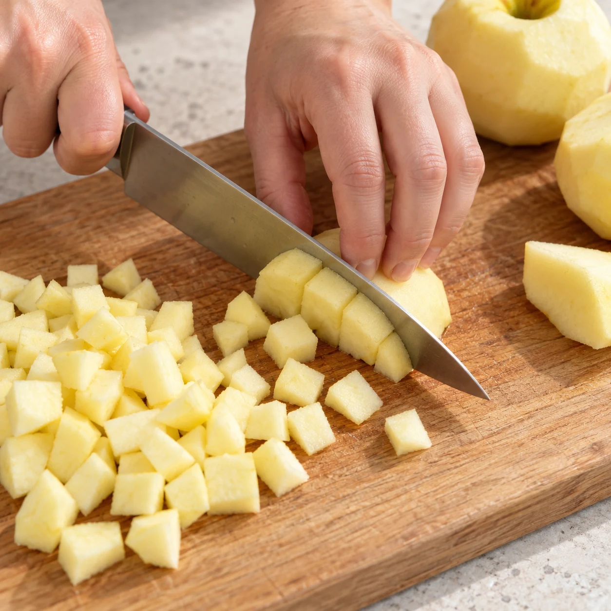 Couper des pommes pelées en petits dés sur une planche stable, prise en griffe sûre.