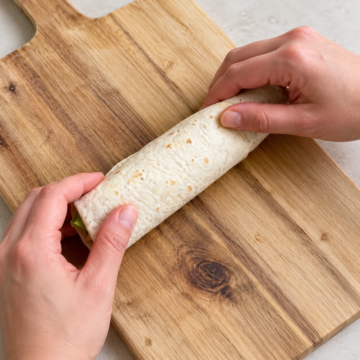 Deux mains anonymes finissent de rouler un wrap fermé, sans couteau, sans animal.