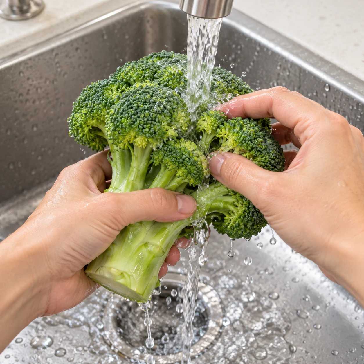 Un brocoli vert entier rincé par deux mains anonymes sous un filet d’eau, aucune autre nourriture.