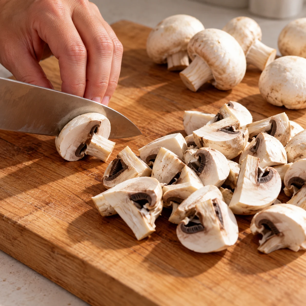 Coupe les 300 g de champignons en morceaux, en conservant la coupe montrée dans la recette d’origine. Montrer seulement les ingrédients présents à cette étape, fidèles à la capture source, dans un cadre de livre de cuisine neutre sans visage, texte ni marque. Adaptation validée : représenter des champignons de Paris blancs et une boule à épices contenant les herbes de Provence, uniquement lorsqu’ils sont présents dans cette étape.