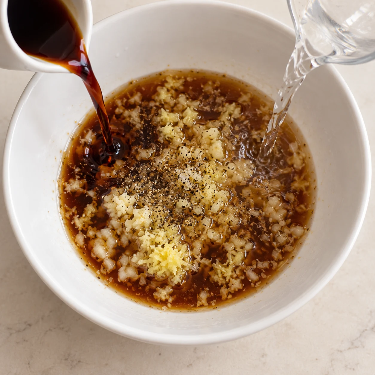 Ail et gingembre fraîchement râpés dans un bol blanc, un filet de sauce soja et d’eau versé dessus.