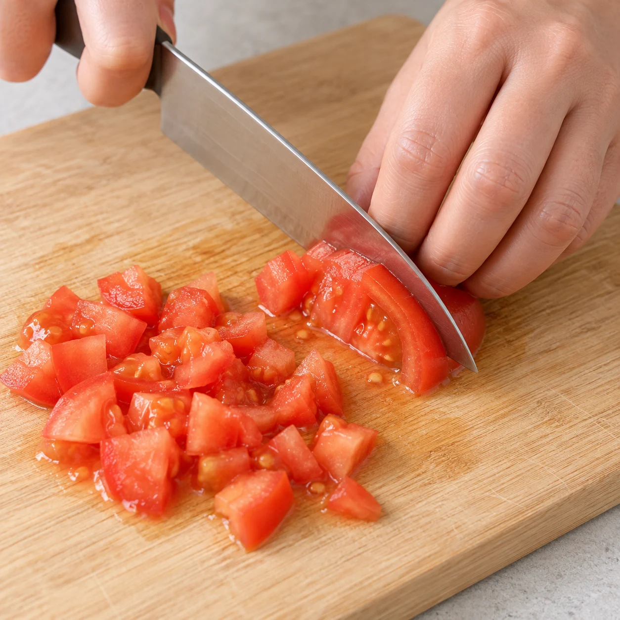Petits morceaux de tomate fraîche en cours de découpe.