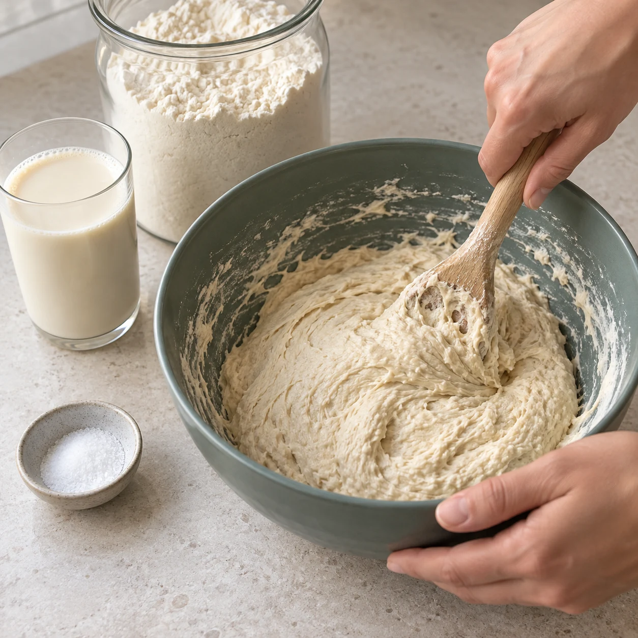 Mélanger la pâte. La farine est incorporée au liquide et forme une pâte sans poche de farine sèche.
