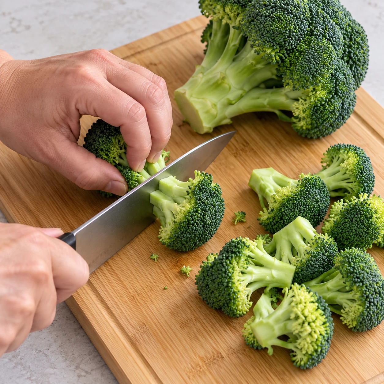 Coupe les bouquets du brocoli en bouchées. Cette coupe remplace la chiffonnade des feuilles dans la version adaptée.