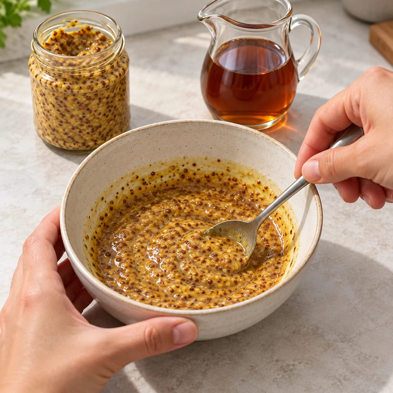 Un bol neutre de marinade jaune dorée à grains, mélangée à la cuillère ; sirop d’érable, aucun miel.