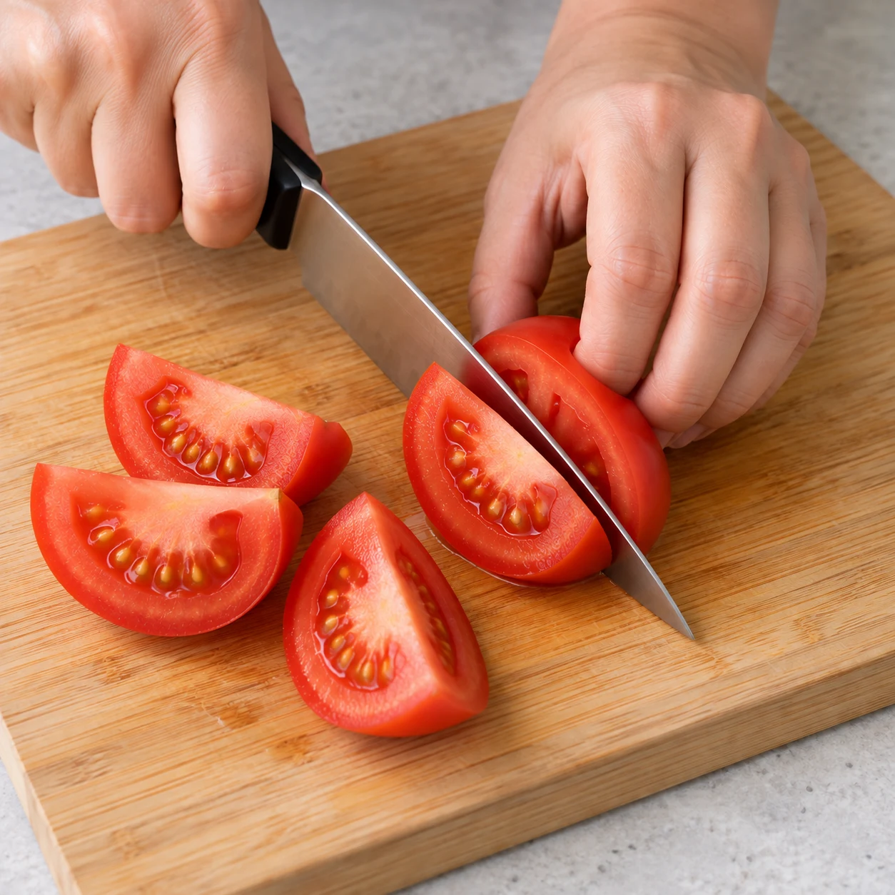 Photographie culinaire carrée de cette seule action : Couper la tomate. Quartiers nets qui gardent leur chair. Aucun poulet ni produit animal.