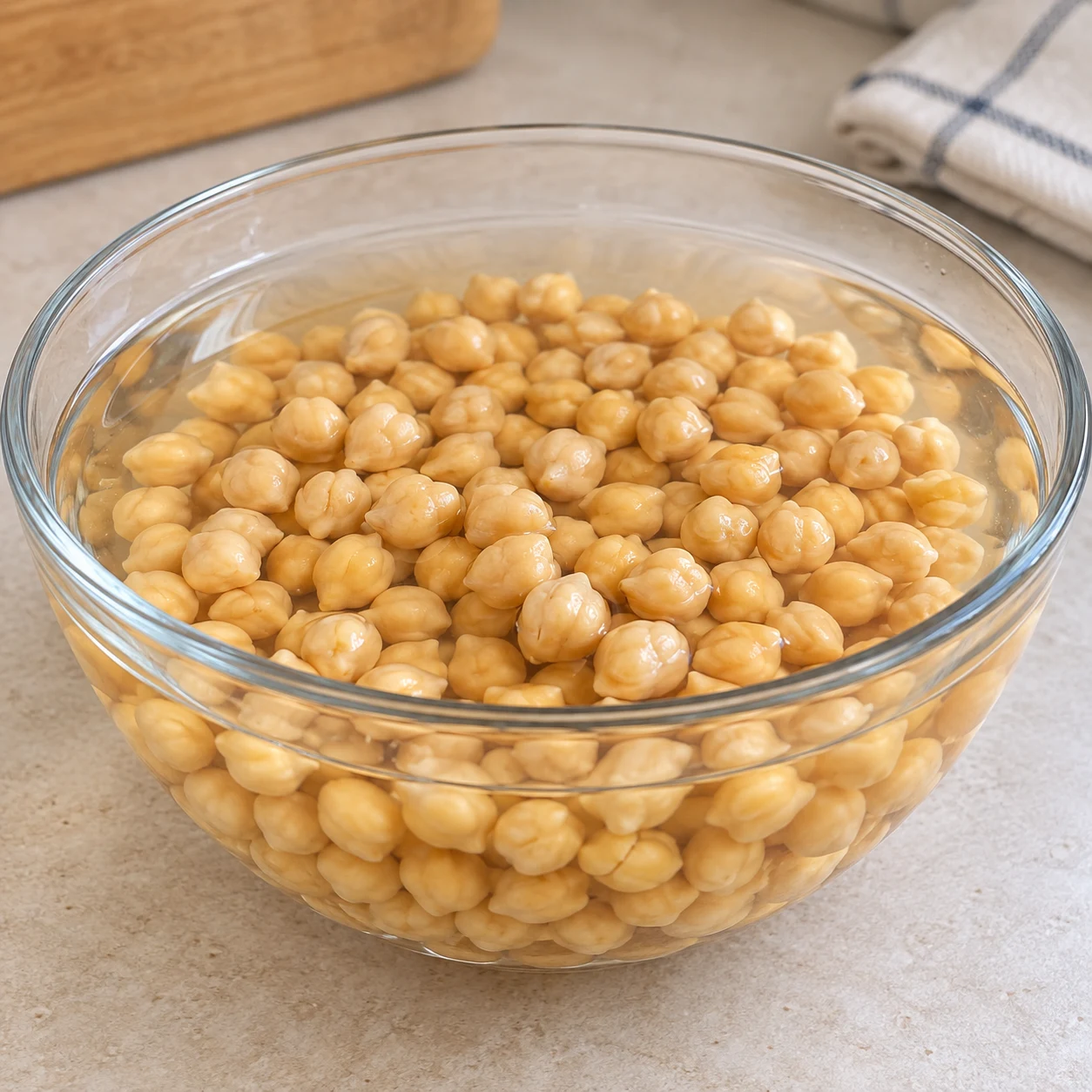 La veille, couvrir les 125 g de pois chiches secs avec de l’eau et laisser tremper au moins 12 heures. Ne pas utiliser de pois chiches cuits en conserve. Une seule action, une seule phase de préparation, aucun texte ni personne identifiable.