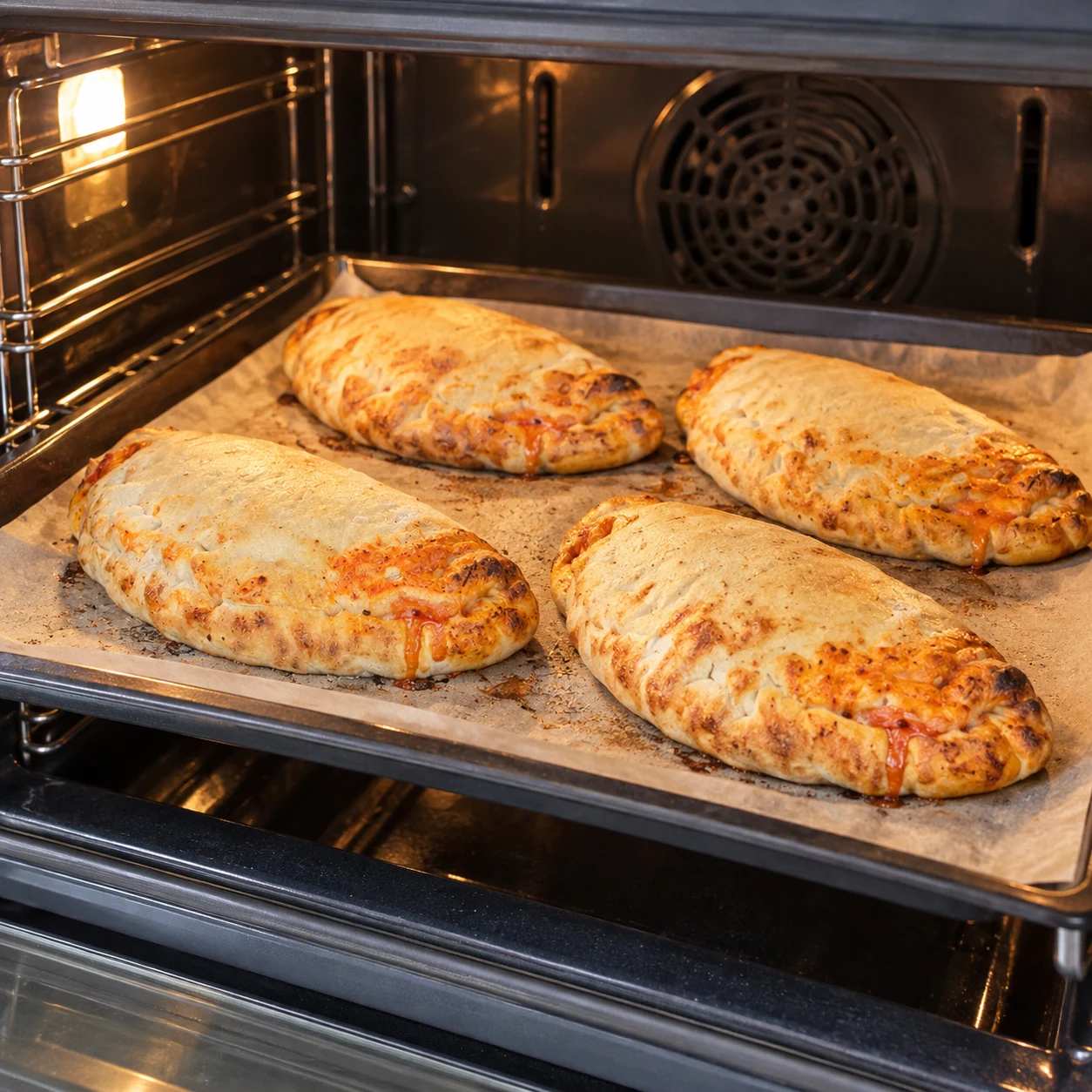 Préchauffez le four traditionnel à 230 °C. Disposez les calzones sur la plaque préparée et faites cuire environ 15 minutes en surveillant la cuisson.