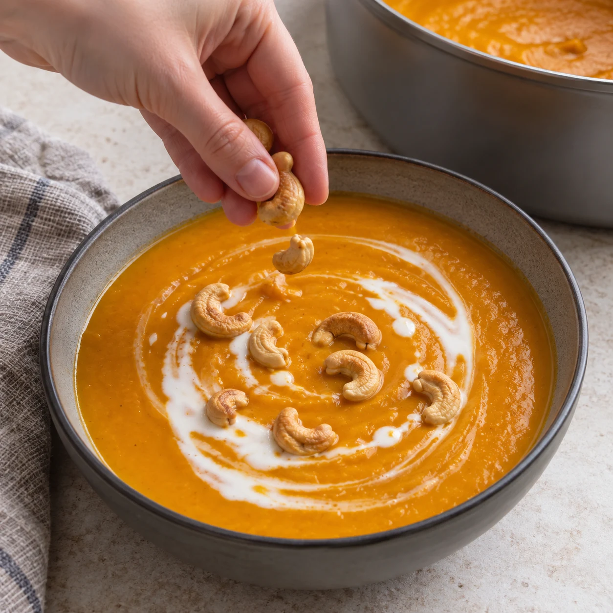 Quelques noix de cajou grillées sans sel ajouté posées sur une soupe orange avec filet de coco.