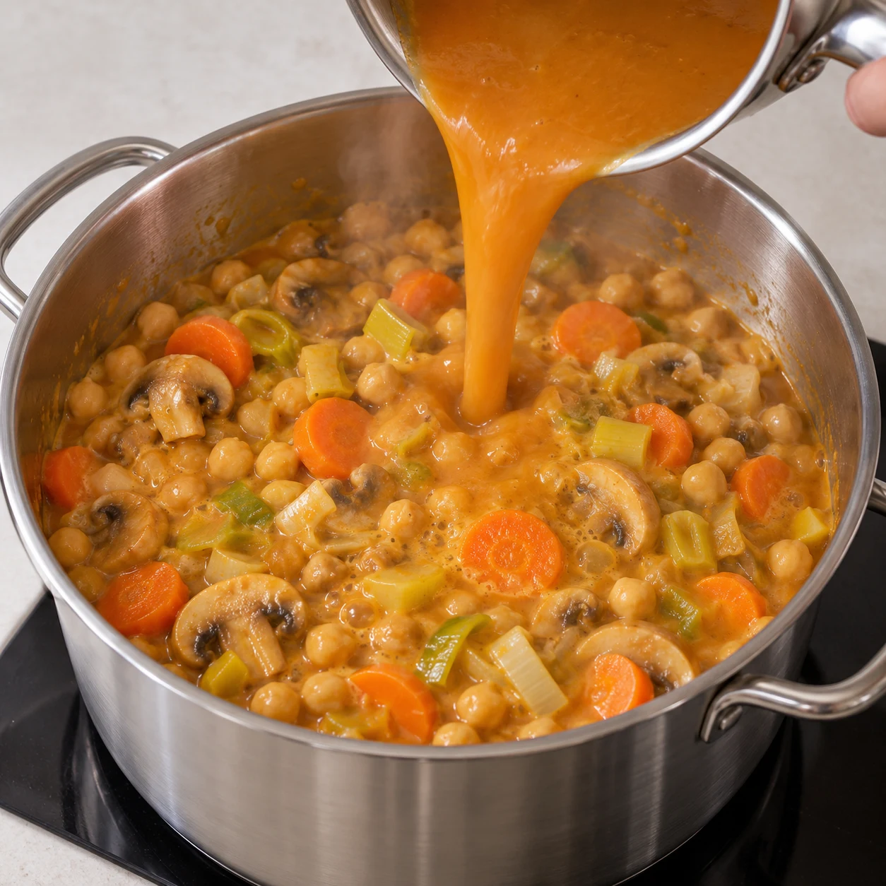 Grande cocotte en inox remplie de pois chiches, rondelles de carotte et champignons, sauce orangée versée par-dessus depuis une casserole.