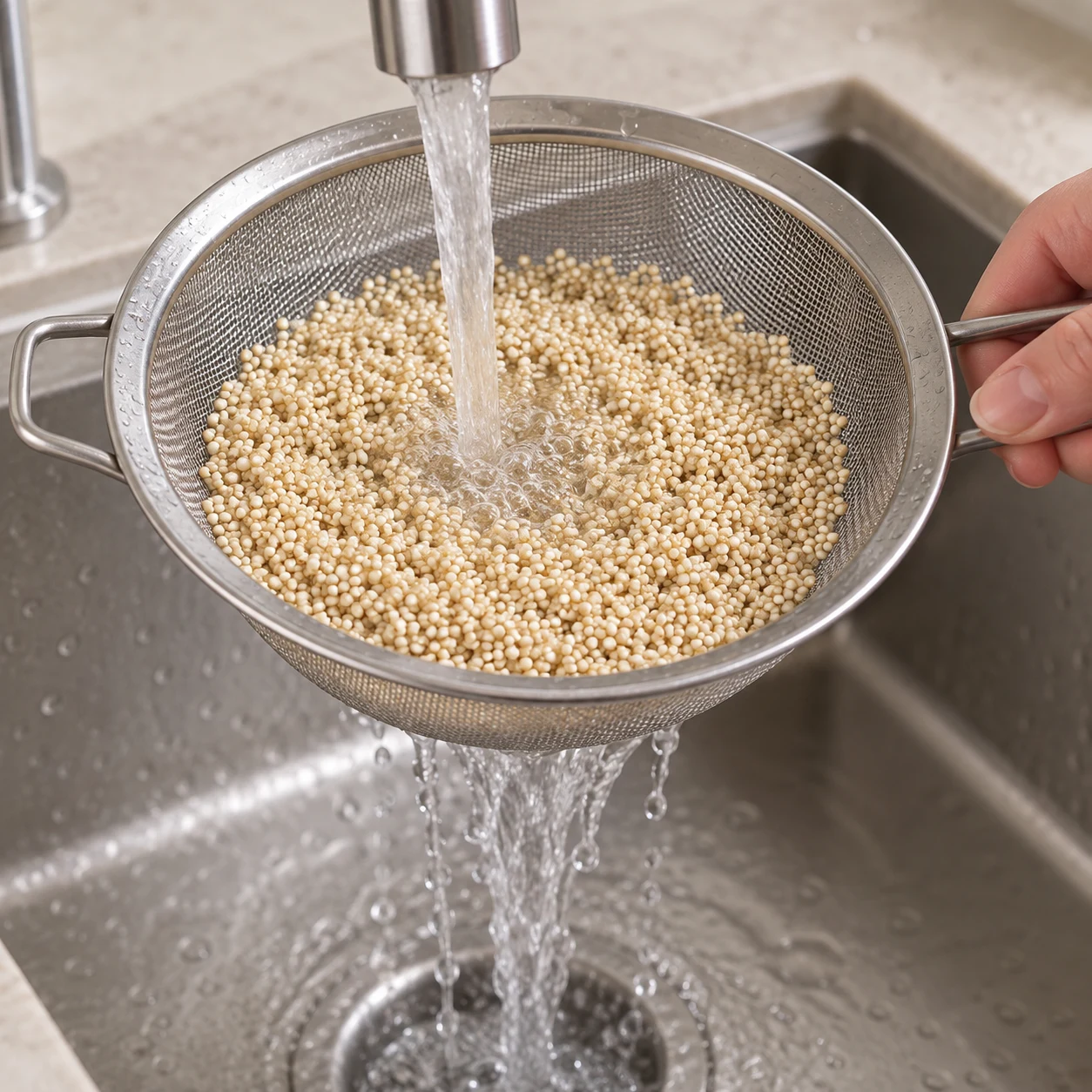 Rince les 160 g de quinoa cru dans une passoire fine sous l’eau. Montrer uniquement les ingrédients déjà introduits ; cadrage rapproché, mains anonymes si utiles.