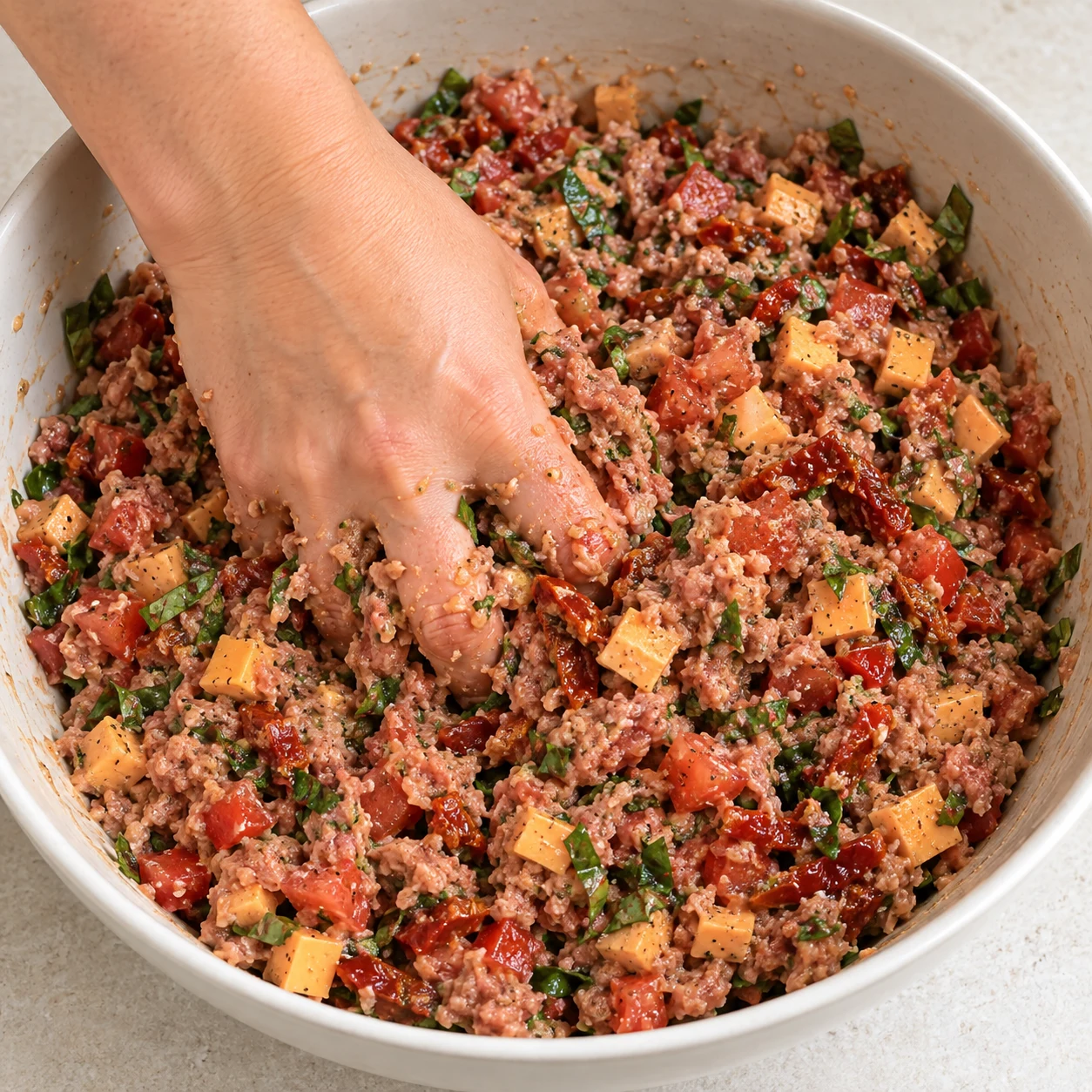 Une main anonyme mélange une farce végétale humide rose brun, dés de tomate fraîche et fragments de tomate confite, basilic vert et carrés orangés.