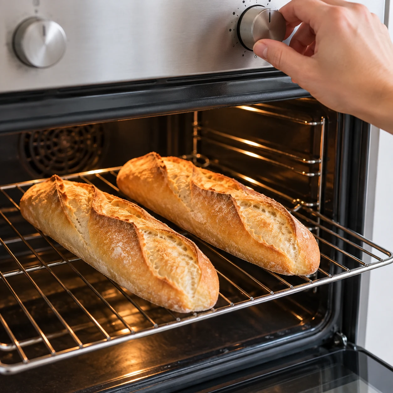 Pain blanc type baguette, sans garniture, doré sur une grille de four ; une seule phase, aucune personne identifiable.