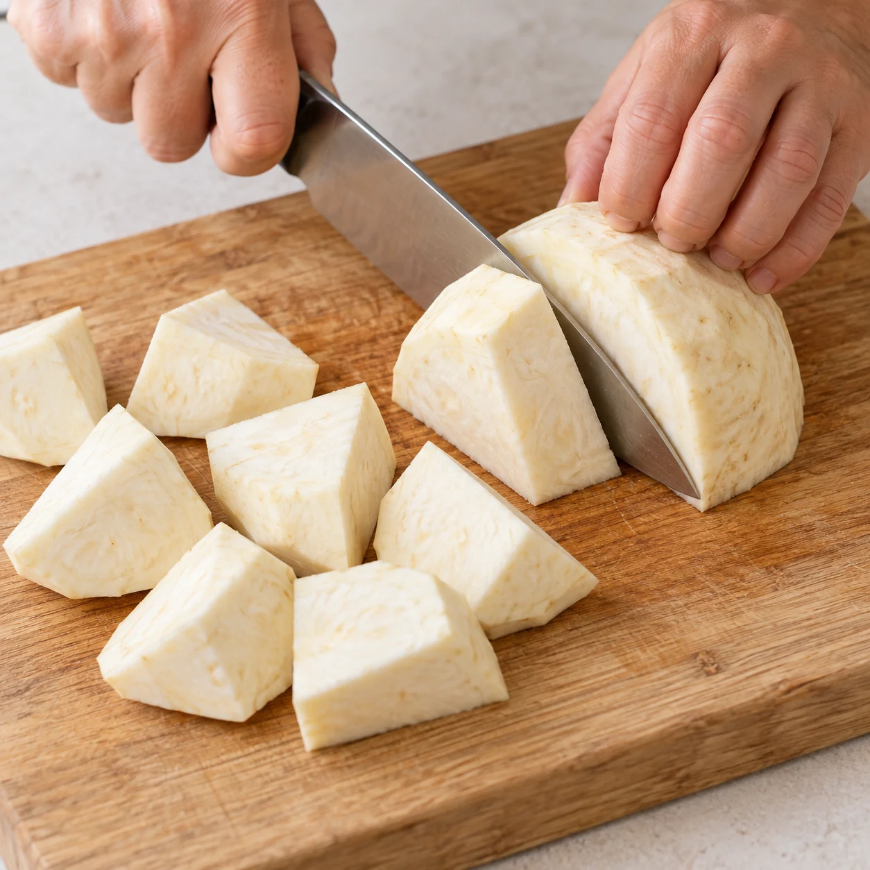 Photo culinaire carrée de l’action : Couper le céleri-rave. La demi-boule est divisée en gros morceaux sans peau brune. Seulement Céleri-rave frais. Mains adultes anonymes seulement si le geste le nécessite, aucun texte, visage, bijou ou viande.