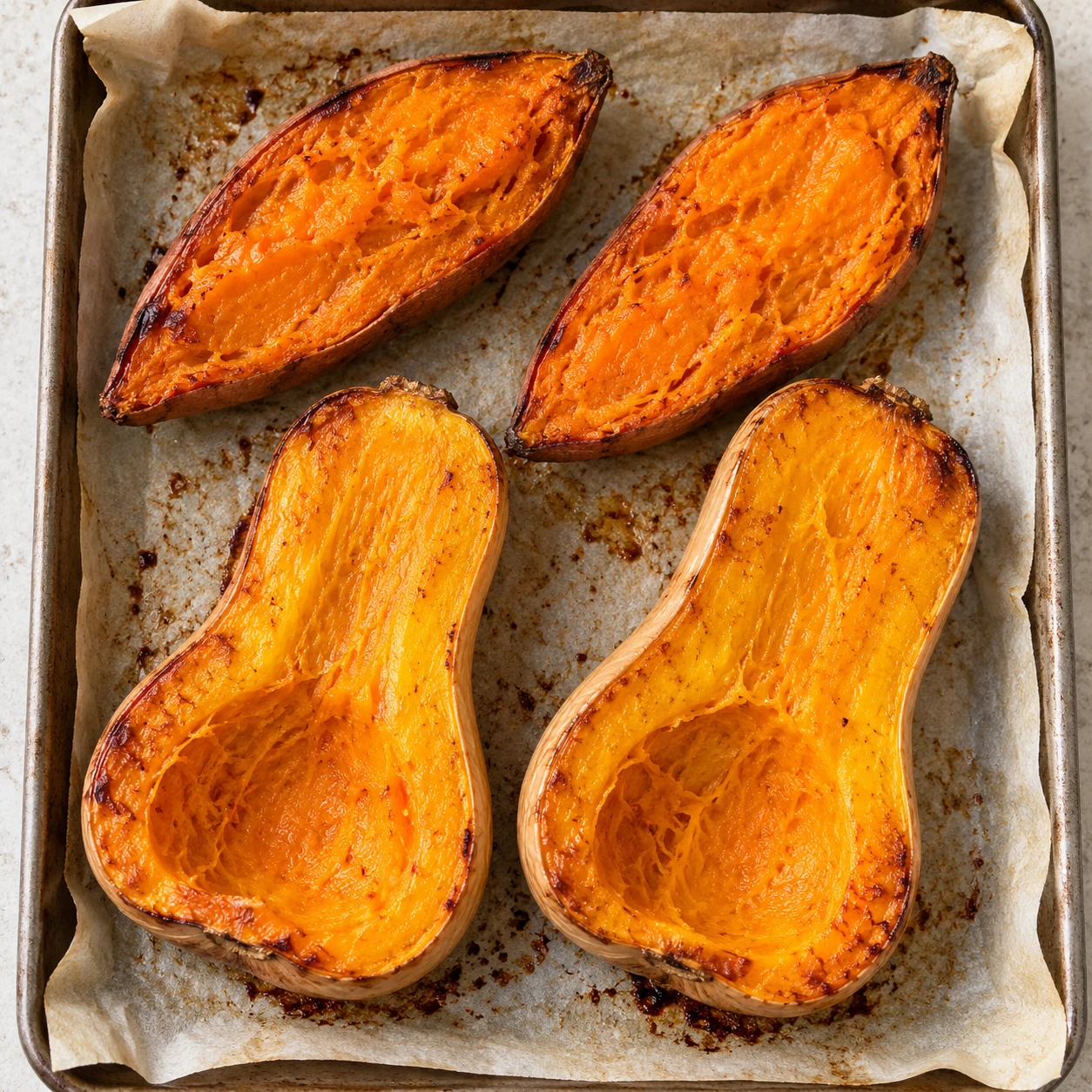 Plaque de cuisson portant deux moitiés de butternut et une grosse patate douce en deux moitiés, chairs rôties et tendres; sortie du four avec gants neutres.