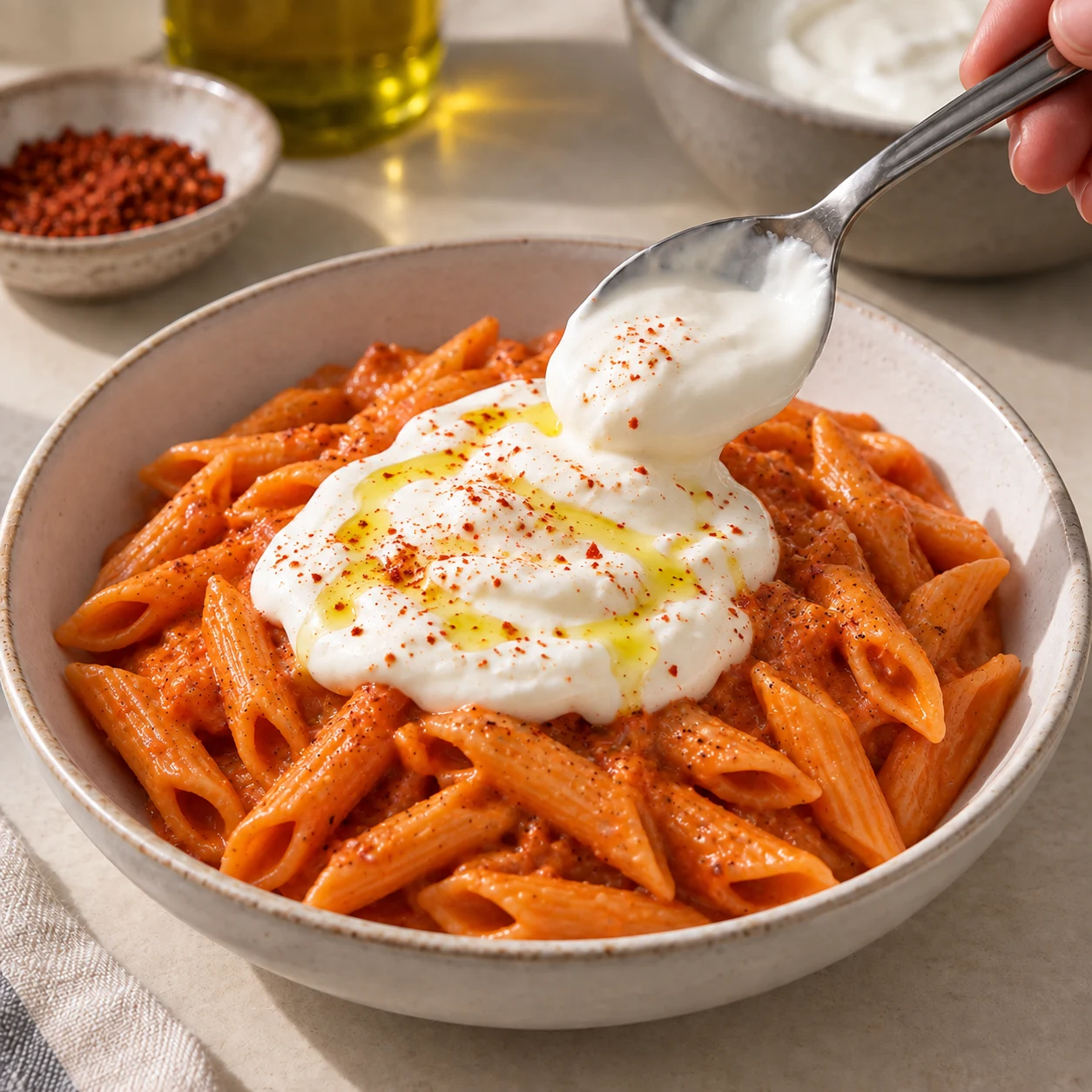Une cuillère dépose une garniture blanche souple et lisse de yaourt de soja nature sur les penne orangées. Quelques grains de piment d’Espelette moulu et un filet d’huile d’olive terminent le plat. Aucun fromage, aucune boule de burrata, aucun tofu.