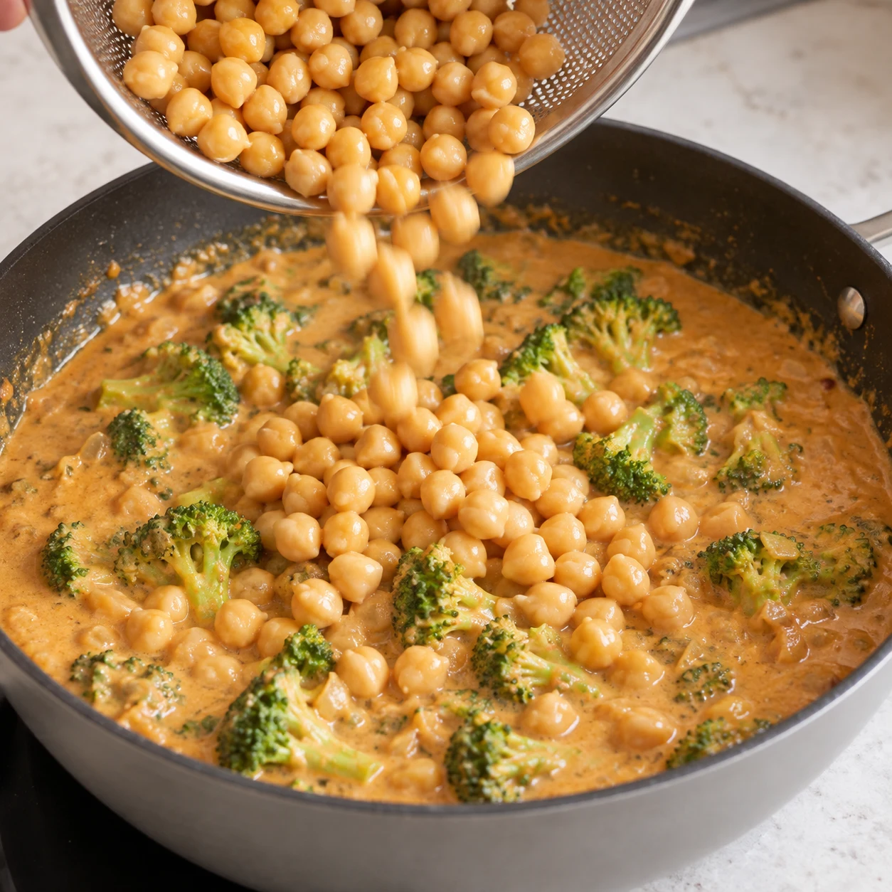 Pois chiches versés depuis une passoire inox dans la sauce coco tomate cacahuète au brocoli.