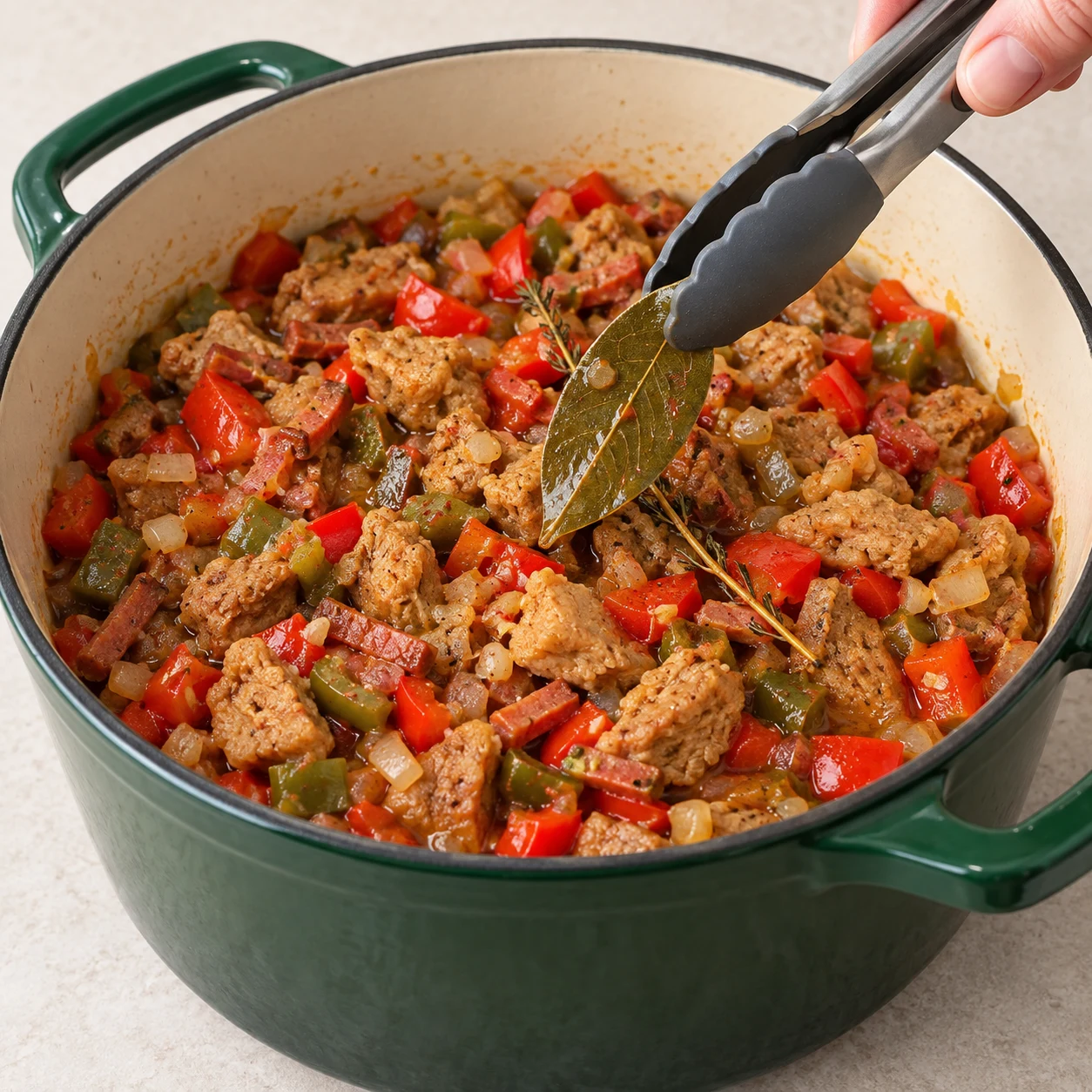 Petite pince retirant une feuille de laurier d’une cocotte verte de morceaux végétaux et lardons fumés, légumes en petits dés, sauce humide peu abondante.