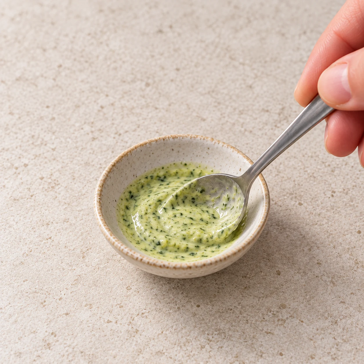 Petite quantité de sauce verte au miso, épinards et yaourt soja dans un bol neutre.