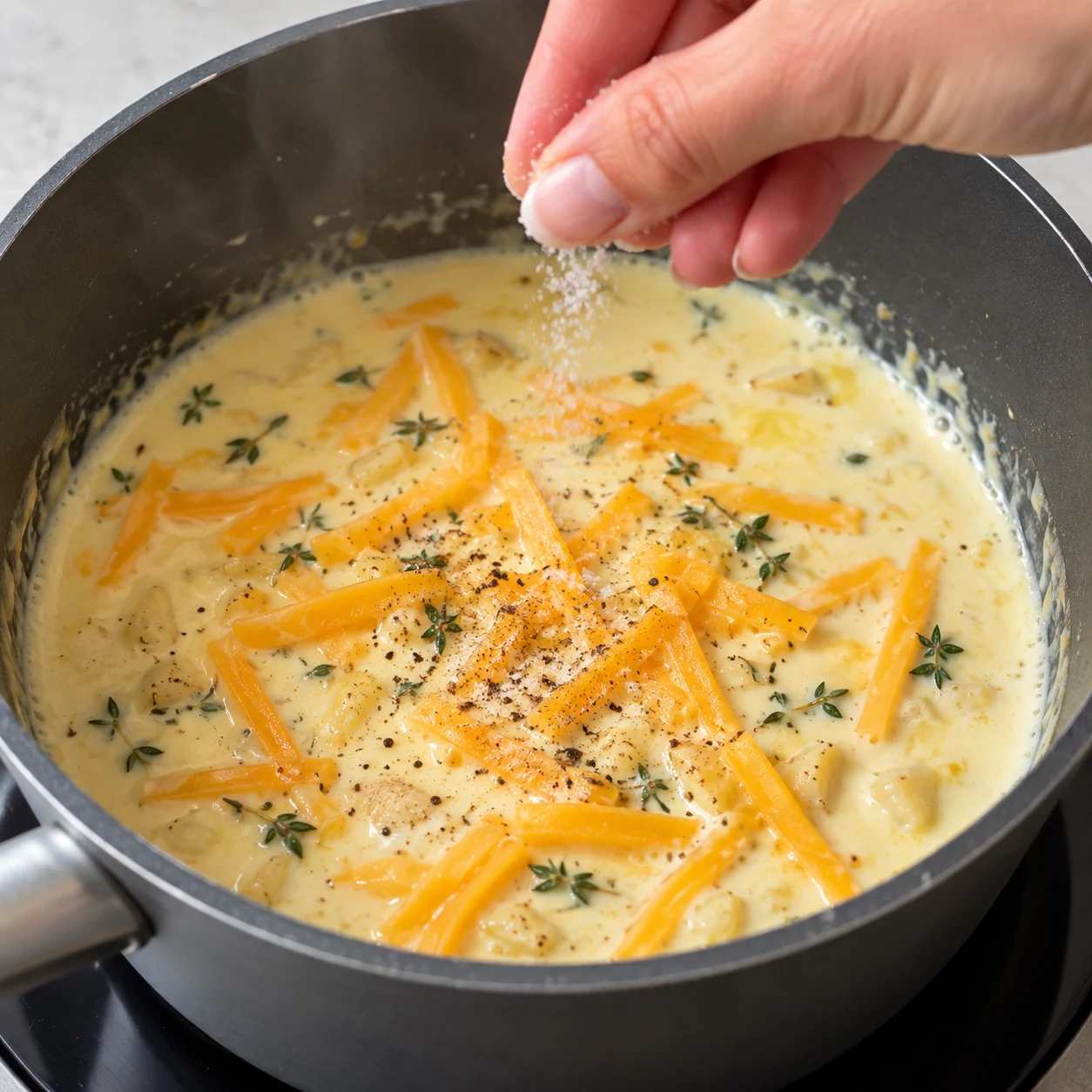 Main anonyme ajoutant une petite pincée de sel à une sauce végétale chaude contenant ail confit, muscade, thym et environ un tiers des lanières végétales orangées. Les tranches végétales façon cheddar sont orangées ; aucune matière laitière.