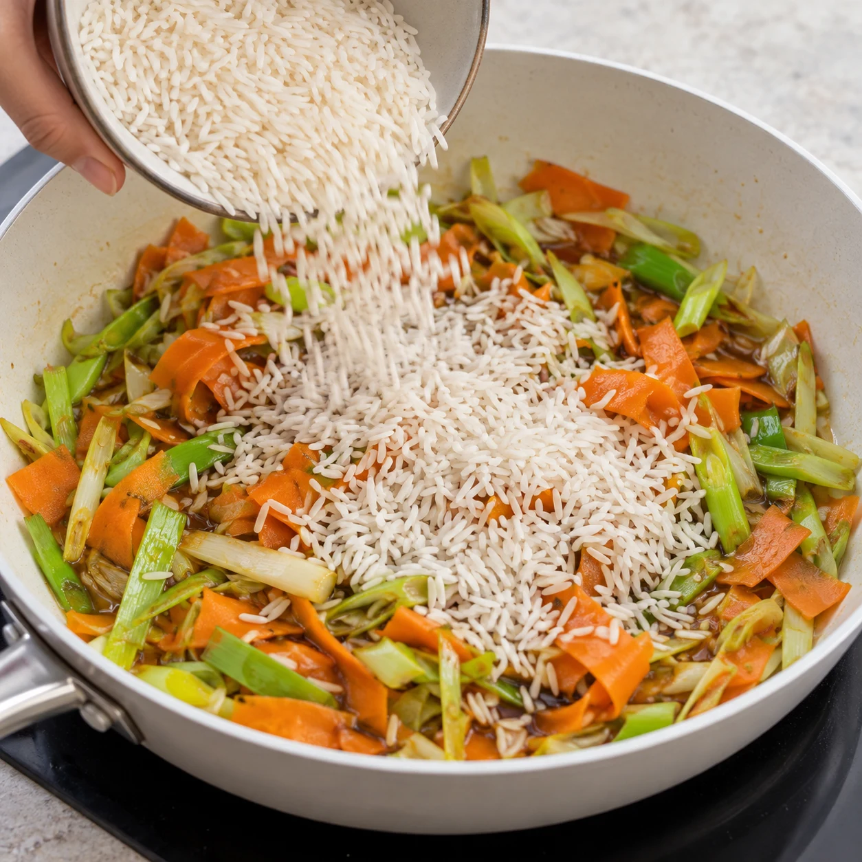 Ajouter le riz. Les grains de riz sec sont répartis sur les légumes.