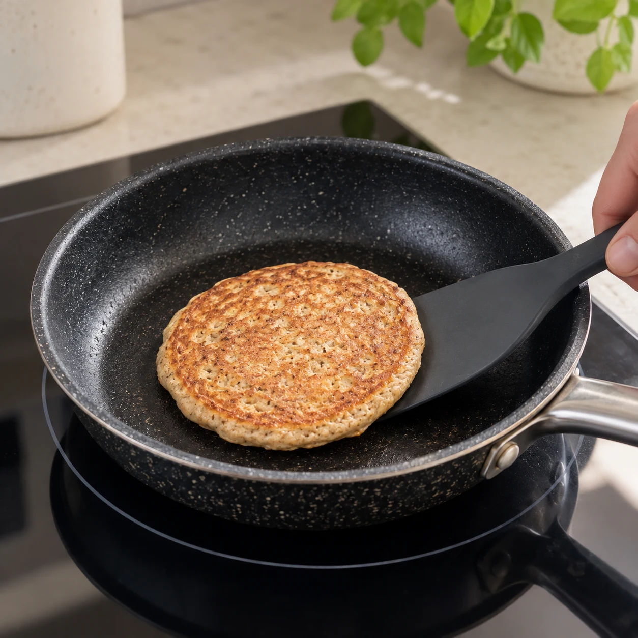 Pancake dans la poêle, première face dorée sur le dessus, seconde face au contact de la poêle.