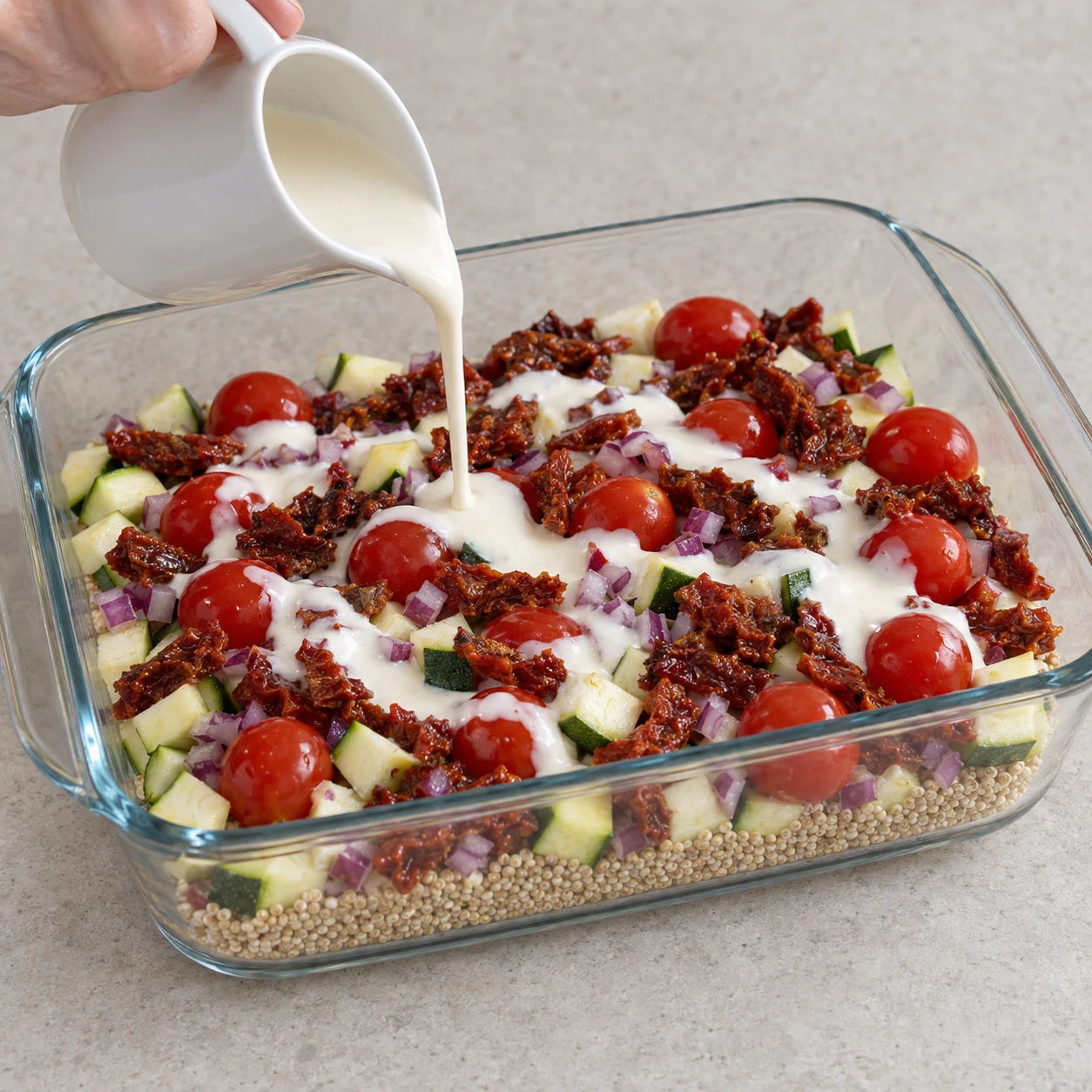 Crème de soja blanche fluide versée sur le quinoa et les légumes crus ; pas de cubes de fromage.