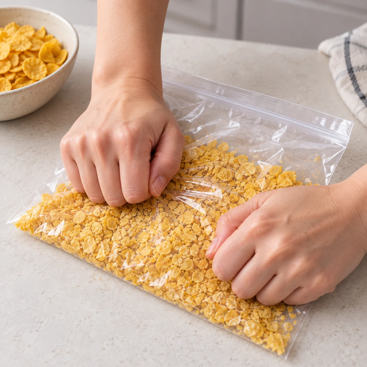 Mains anonymes écrasant un sac transparent de corn flakes.