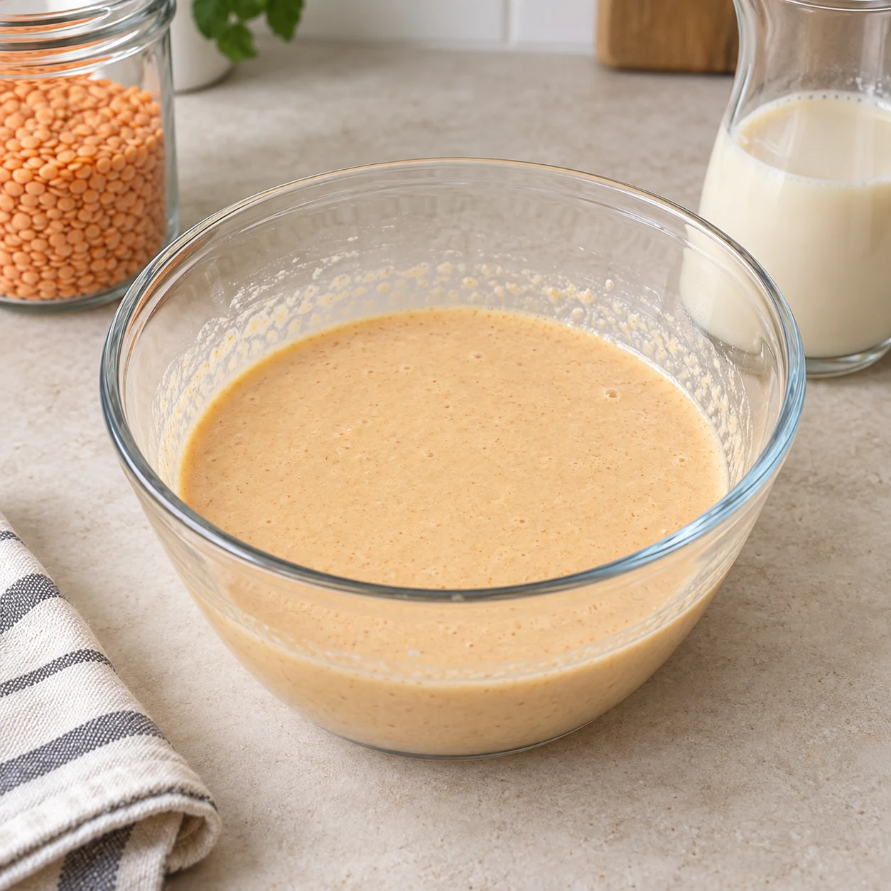 Base beige orangé homogène reposant dans un récipient transparent, sans garniture.
