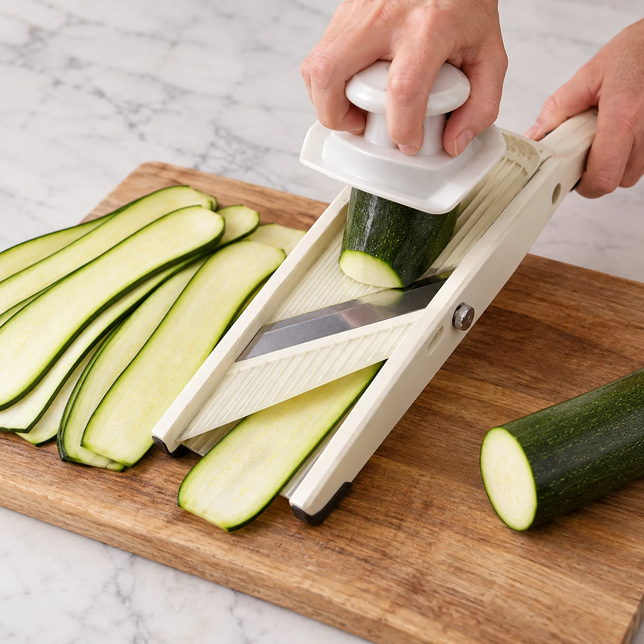 Trancher les courgettes : Les lamelles sont longues et régulières, avec leur bord de peau verte. Une seule phase culinaire, plan de travail pierre pâle, lumière naturelle, aucun texte.