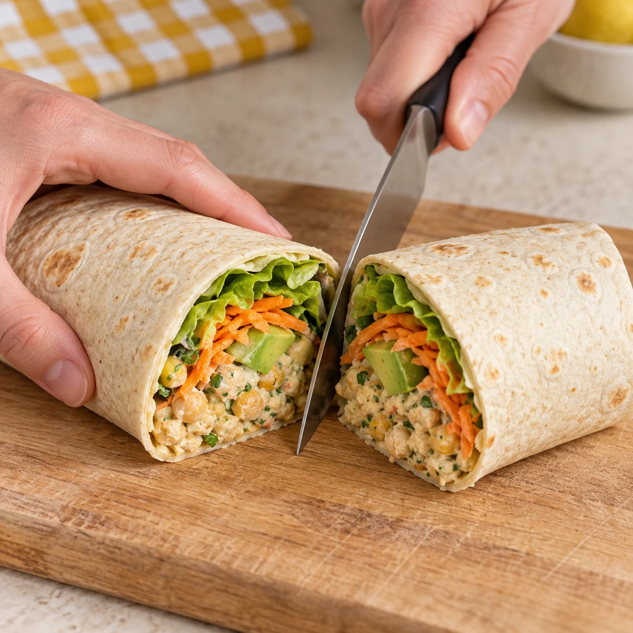Wrap fermé coupé en deux sur une planche, coupe avec un couteau en sécurité, garniture pois chiches crémeuse, salade, carotte et avocat visible.