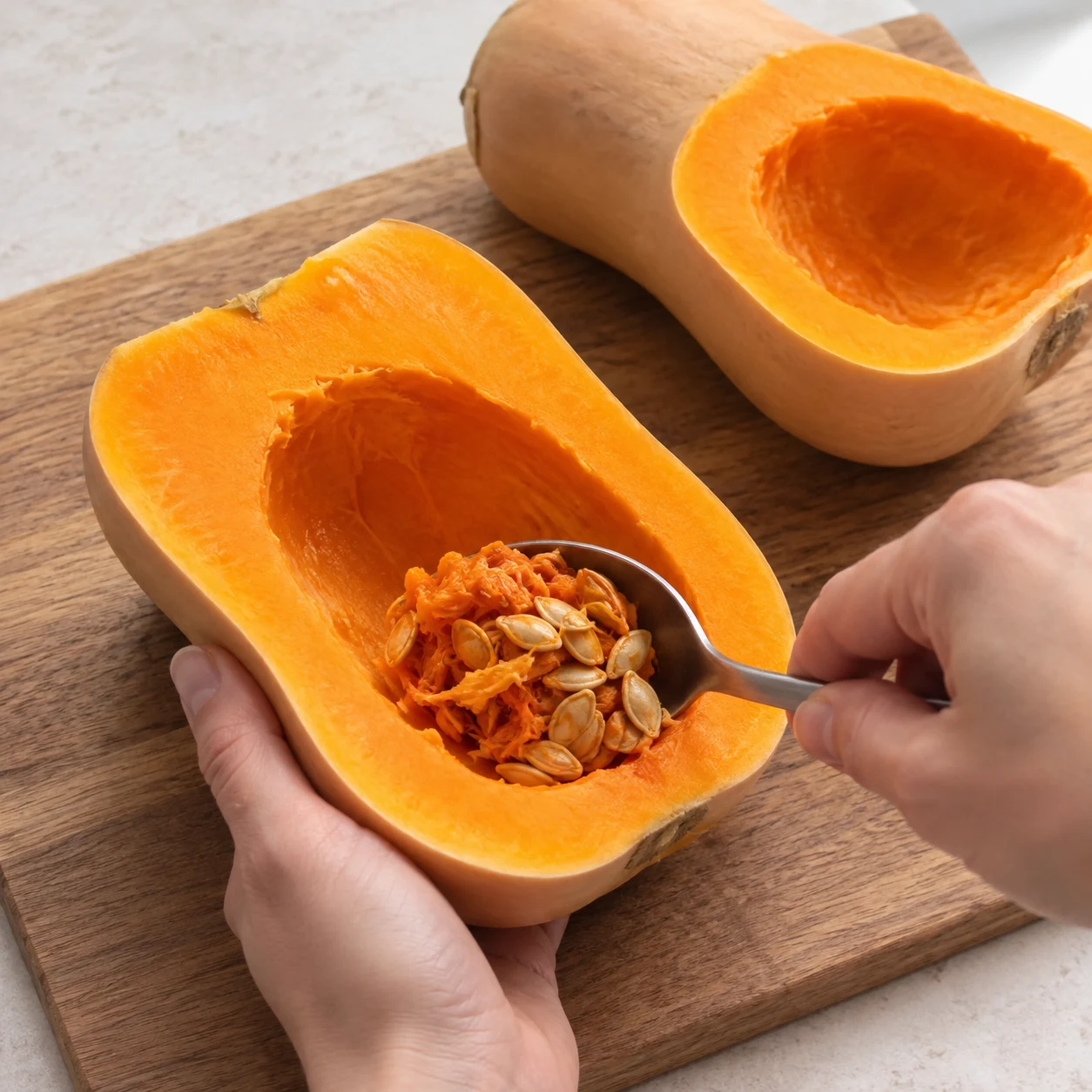 Cuillère retirant les graines du demi-butternut ouvert sur une planche.
