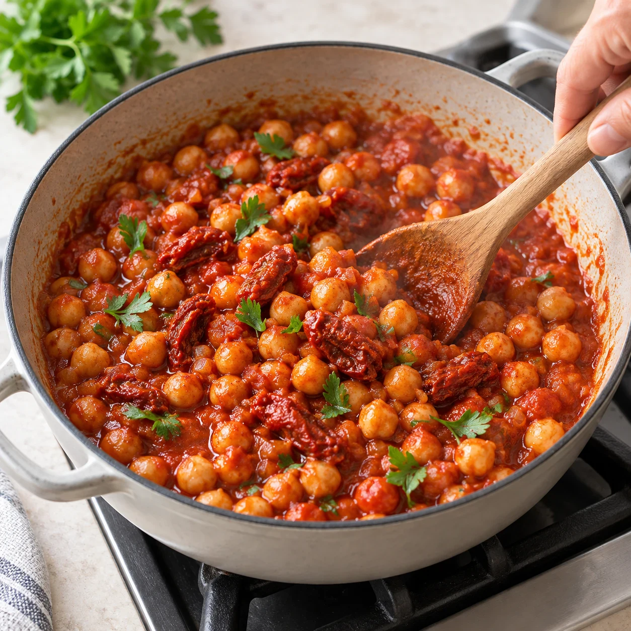 Photo culinaire carrée en lumière naturelle : pois chiches nappés d’une sauce tomate rouge épaisse, morceaux de tomates confites et feuilles de persil visibles, échalote fondue, aucun texte, aucune marque.