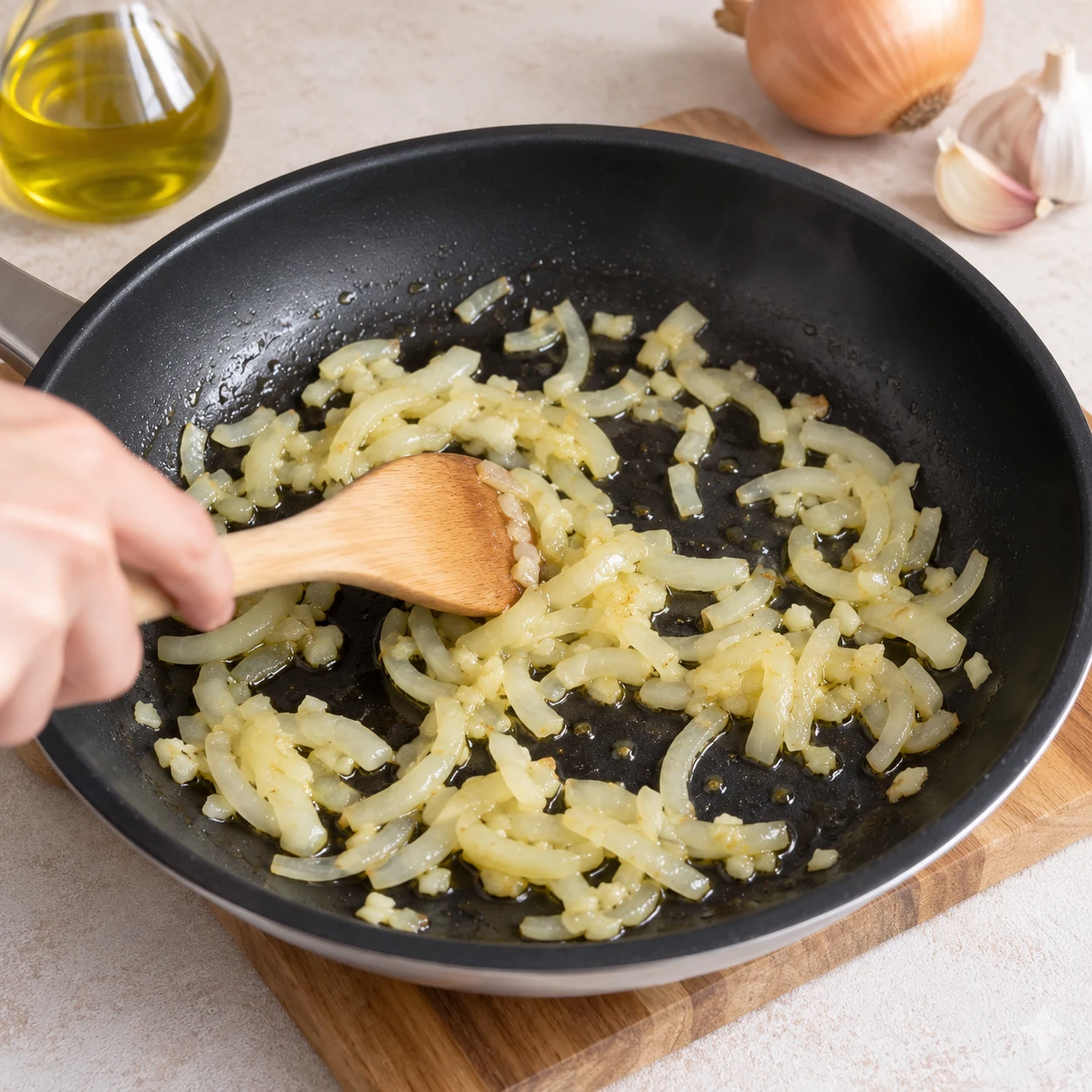 Oignon émincé translucide qui revient dans l’huile d’olive au fond d’une poêle noire, remué à la spatule en bois.