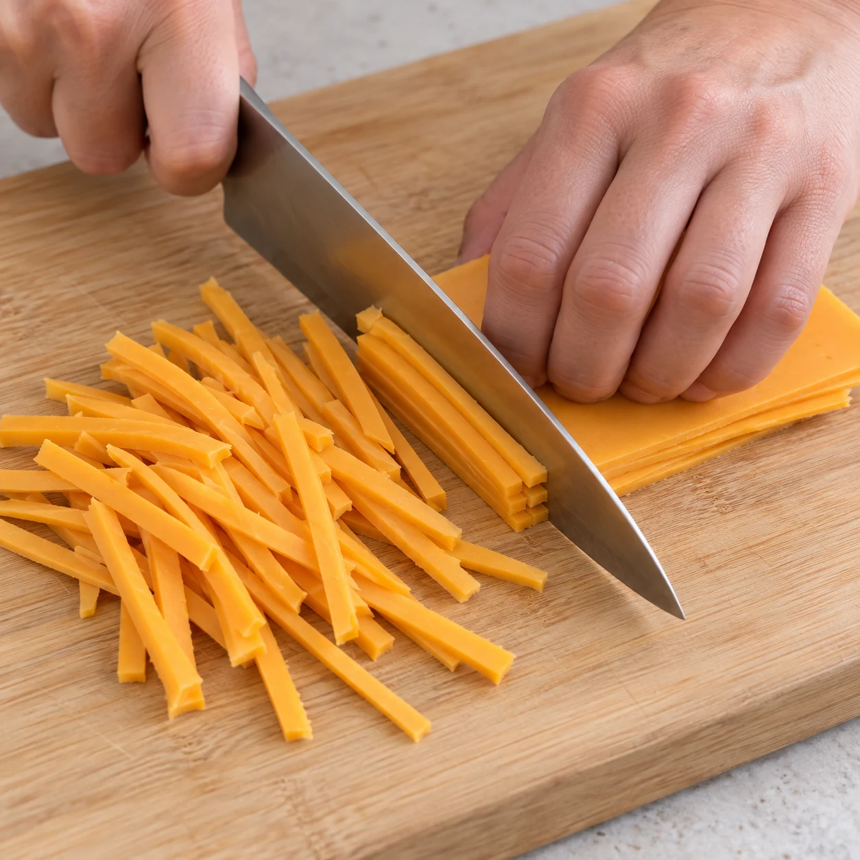 Un couteau taille des tranchettes végétales orangées en fines lanières sur une planche stable, mains adultes anonymes avec doigts repliés.