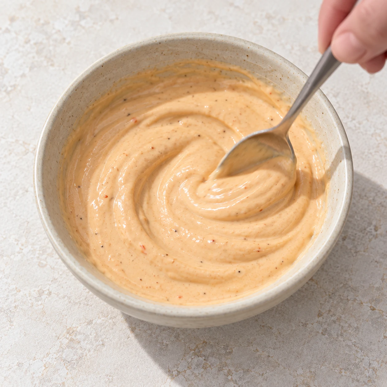 Cuillère mélangeant une sauce beige rosé onctueuse dans un petit bol ; texture légèrement moins épaisse que la sauce au yaourt grec de la source.