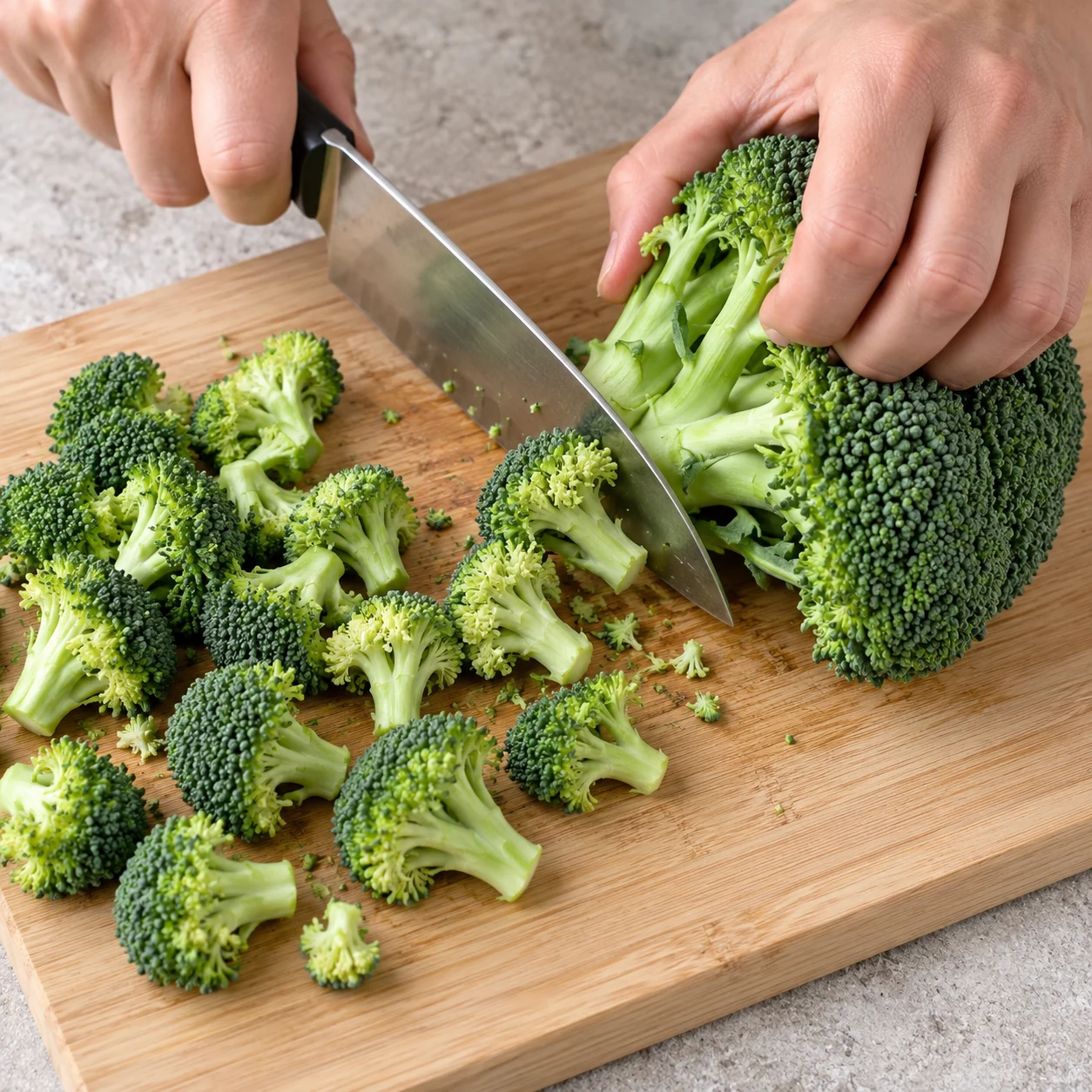 Détaillez le brocoli en petites fleurettes sur une planche stable.