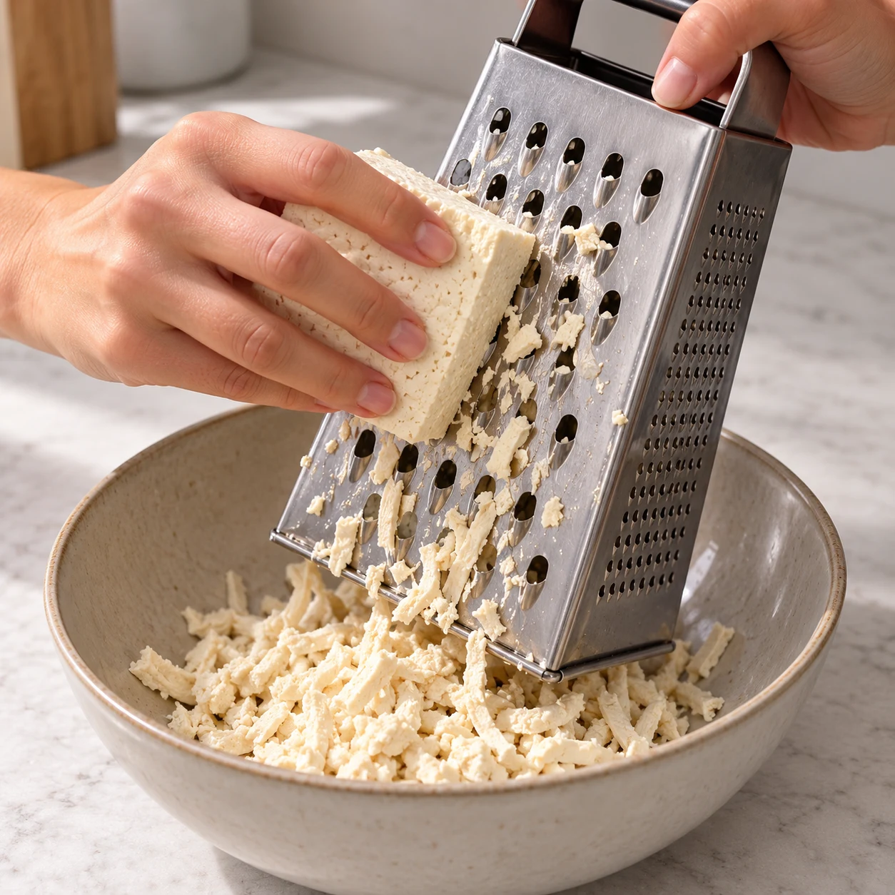 Gros plan de mains anonymes râpant le tofu nature ivoire, sans marinade avec une râpe à gros trous.