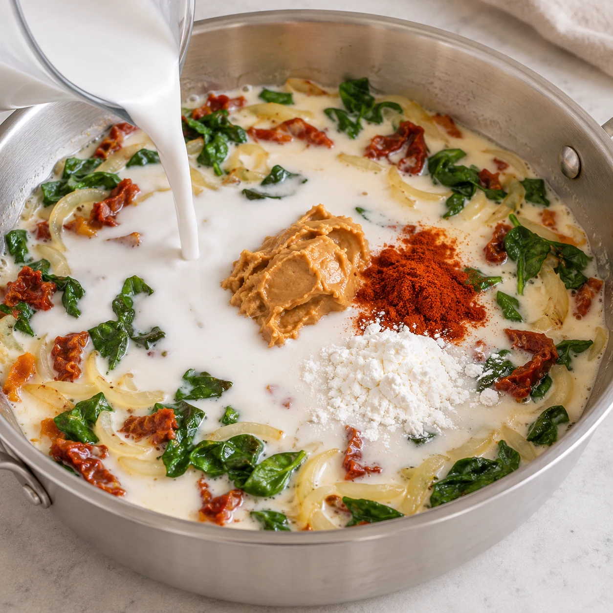 Lait de coco blanc versé dans la poêle avec une cuillerée de beurre de cacahuète, épinards et tomates séchées visibles en surface.