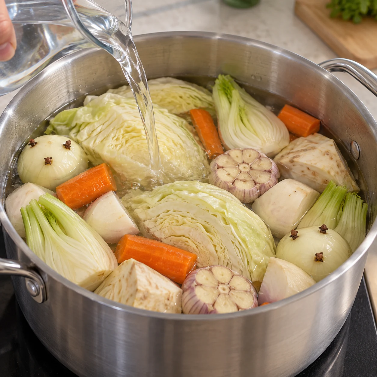 Photo carrée : une main verse l’eau froide à hauteur des légumes dans le faitout. Chou blanc blanchi, carottes, navets, céleri-rave, fenouil, oignons piqués et demi-têtes d’ail. Aucun bouquet garni, pomme de terre ou chipolata à ce stade.