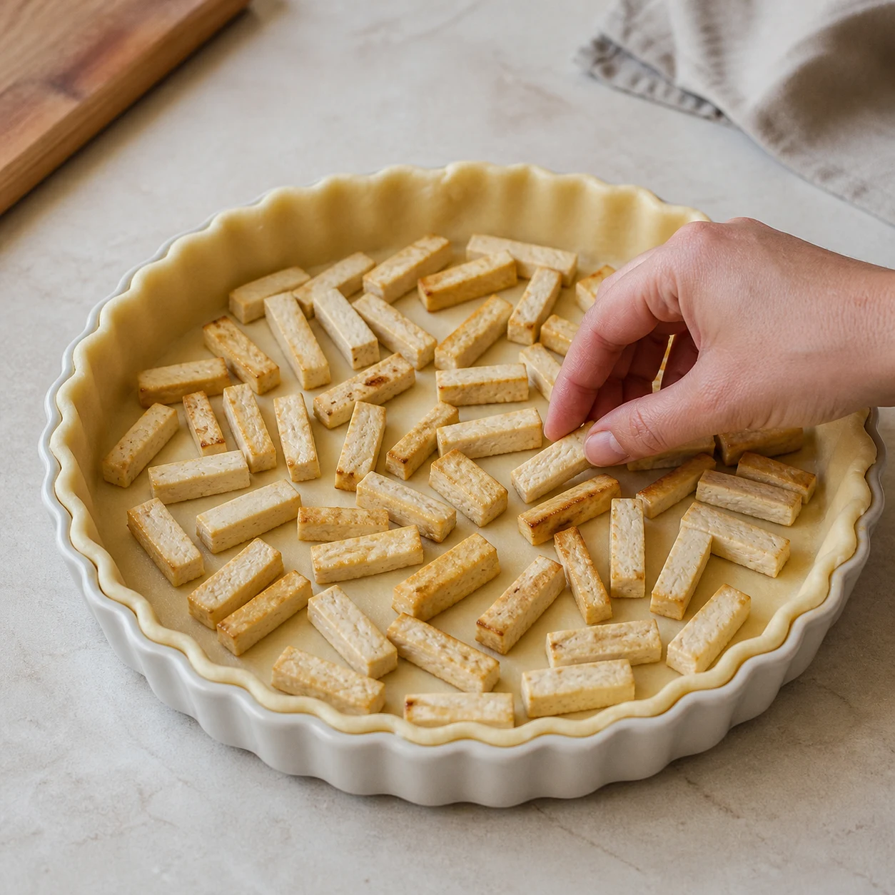 Fond de tarte cru garni de petits bâtonnets de tofu doré, vue légèrement plongeante.