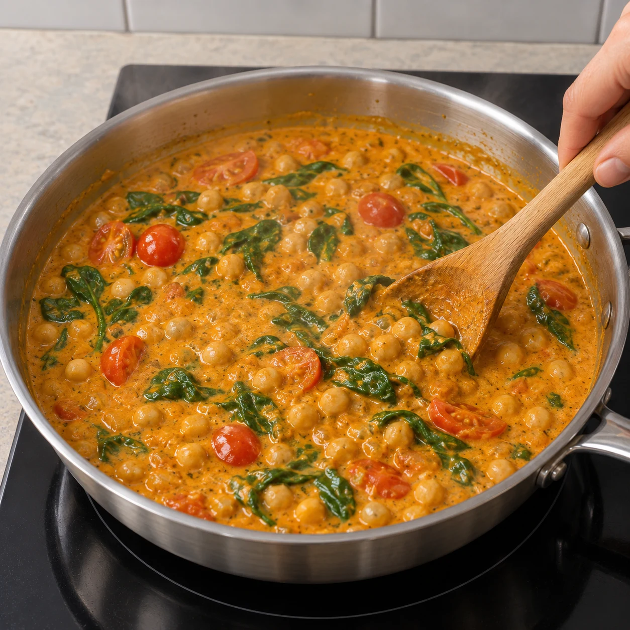 Une seule action : Laisser mijoter le curry. Les pois chiches sont enrobés de sauce et les épinards sont tombés. Poêle neutre en inox quand la cuisson est montrée. Aucun ingrédient futur.